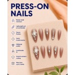 Tea‑Brown Ombre Almond Press‑On Nails, Gentle Nude Long False Nails With Pearls & Rhinestones For Daily & Party